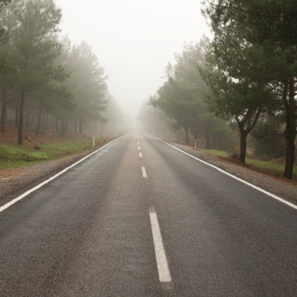 A long, straight road disappearing into dense fog, framed by trees&mdash;symbolizing uncertainty, a long journey ahead, or the unclear path of healing.