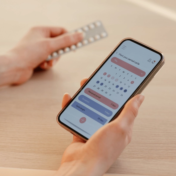 A close-up of a smartphone displaying a menstrual cycle tracking app with a calendar view, held by a person who is also holding a blister pack of pills.