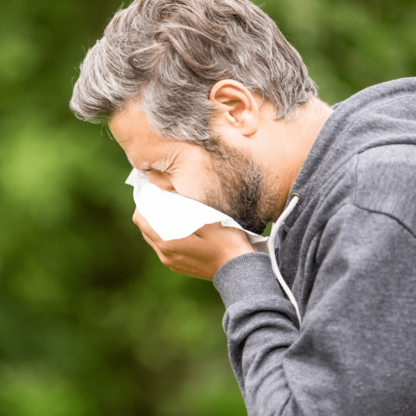 A middle-aged man sneezing into a tissue outdoors, wearing a gray hoodie, surrounded by greenery, indicating allergy symptoms.