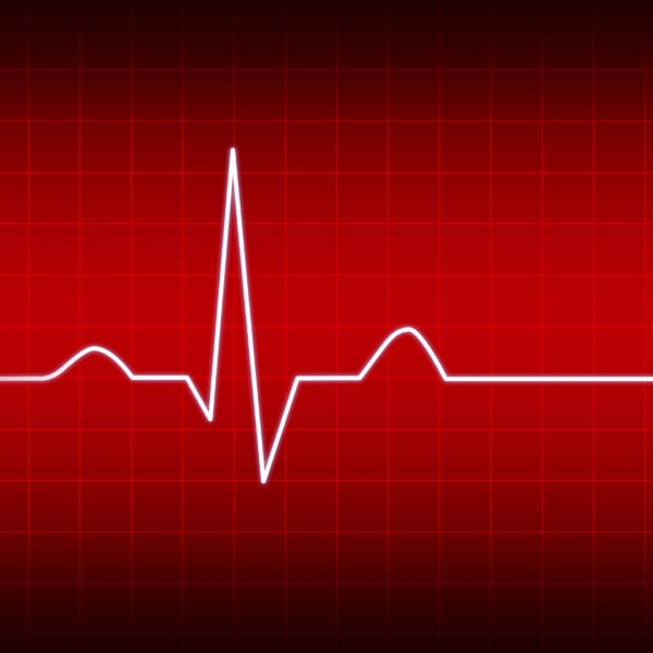 Heartbeat monitor with a red background showing a normal sinus rhythm, representing heart health and electrolyte balance.