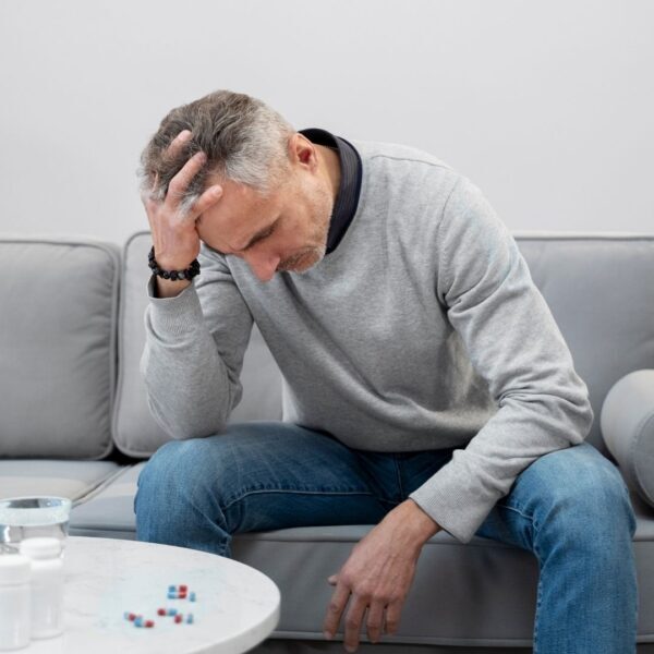 Person feeling overwhelmed by chronic symptoms and medical decisions, seeking moments of gratitude and healing.