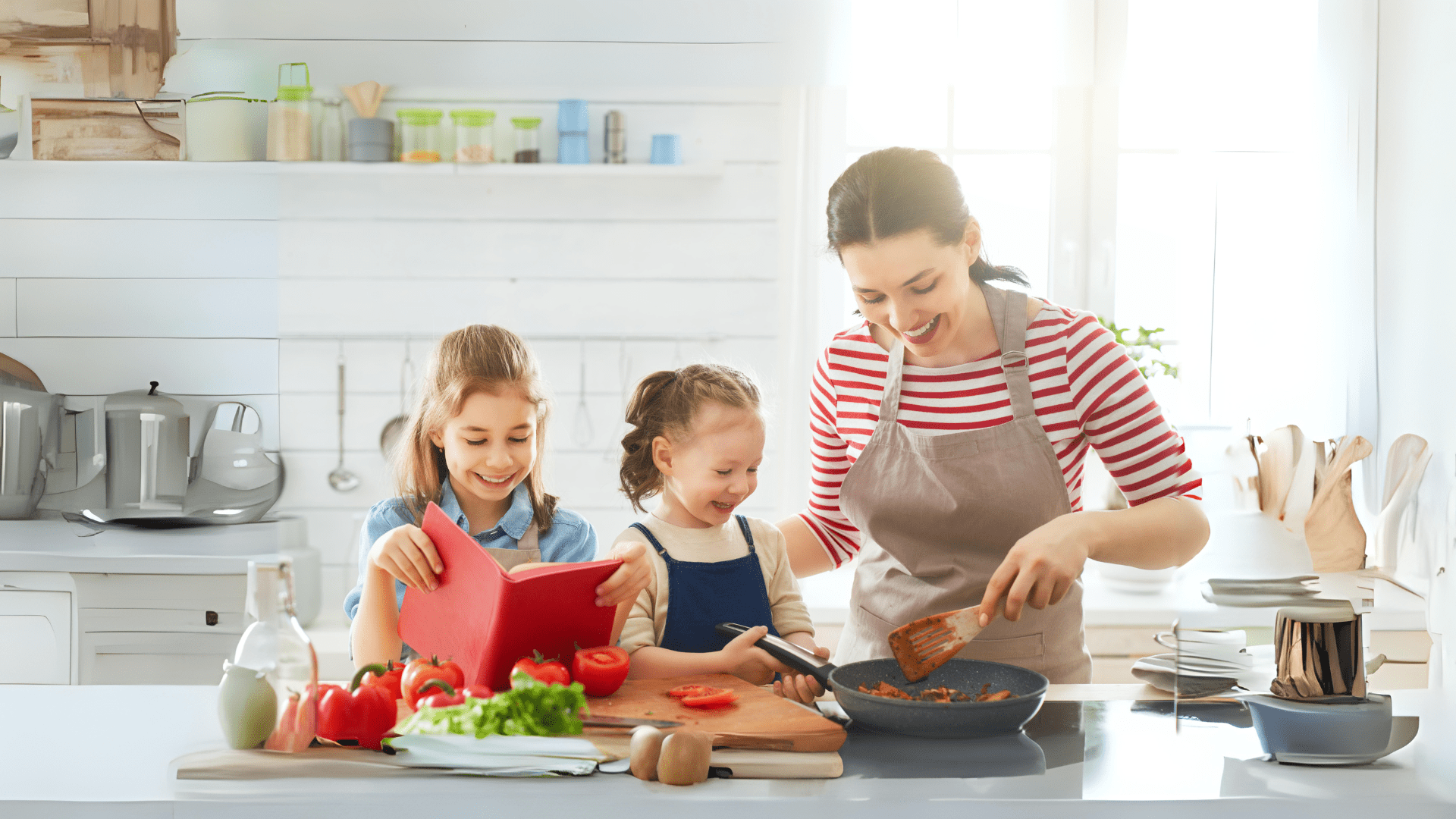 Mother teaching her daughters there way in the kitchen
