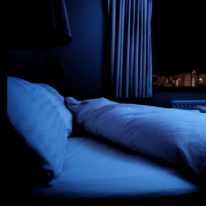 A dimly lit bedroom with a soft glow from the window, showing an inviting bed with neatly arranged pillows and blankets, creating a calm and relaxing atmosphere.