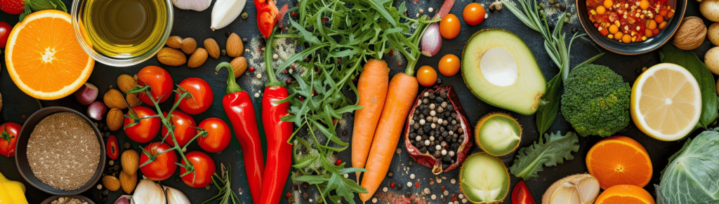 Three glasses of red fruit juice garnished with lime slices and parsley, surrounded by strawberries, watermelon slices, and tomatoes on a rustic wooden table.