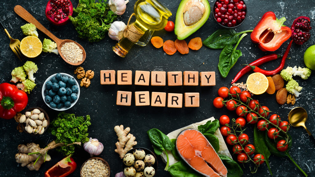Healthy Heart text with healthy foods
