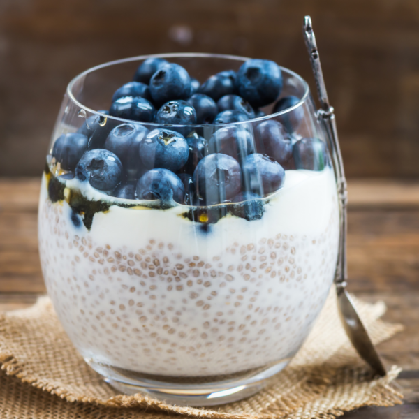A glass of Blueberry Chia Seeds Pudding