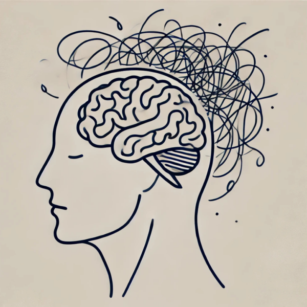 A minimalist line-art illustration of a human head with a brain inside, surrounded by chaotic scribbles representing cognitive overload, stress, and mental exhaustion.