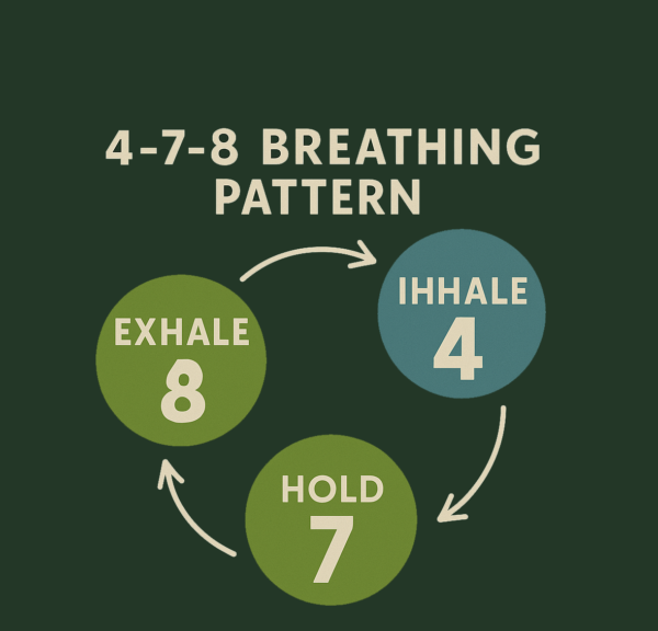 Infographic of the 4-7-8 breathing pattern on a dark green background. Three green circles labeled 'INHALE 4', 'HOLD 7', and 'EXHALE 8' are arranged in a clockwise cycle connected by curved arrows.