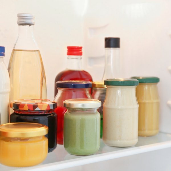 An open refrigerator door showing various glass jars and bottles of condiments, sauces, and dressings on a shelf.