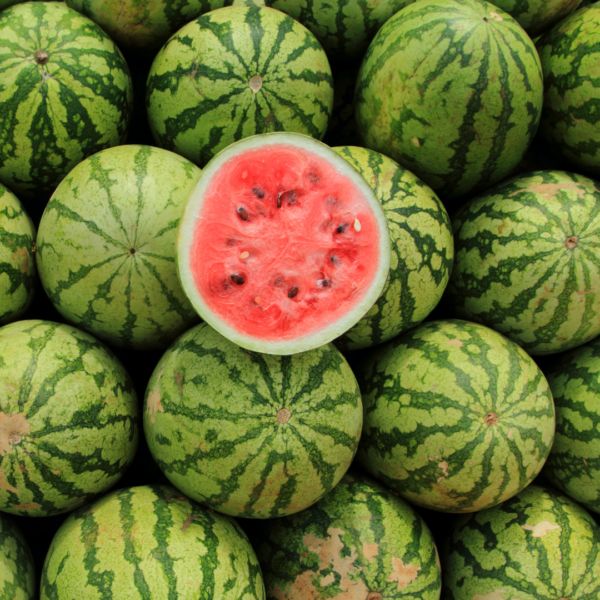 one sliced watermelon in a pile of watermelon